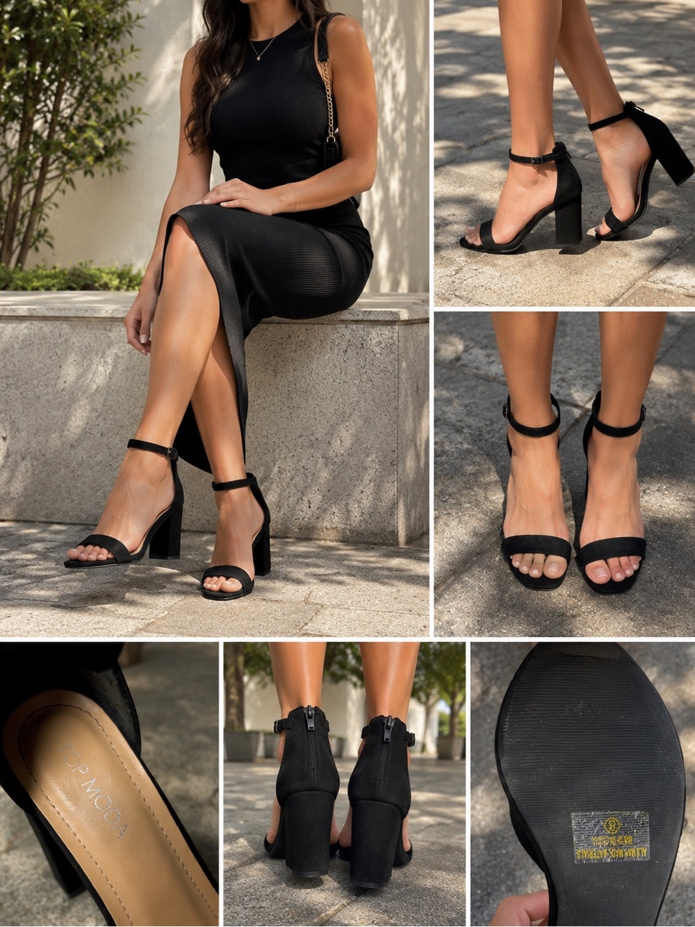 TOP Moda Black Ankle-Strap Block Heel Sandals